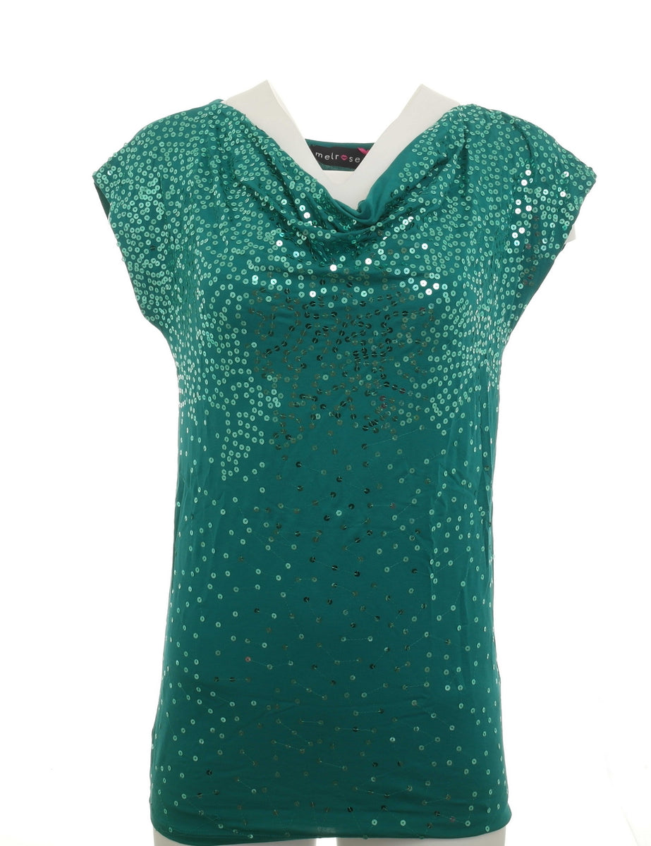Melrose Damen Shirt Wasserfall Pailletten ärmellos Top smaragd Gr. 34 –  YESET