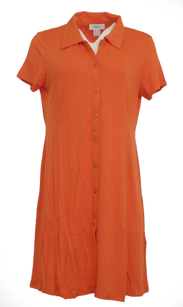 Heine Polokleid Kleid Polo kurzarm knielang Knopfleiste orange 005860