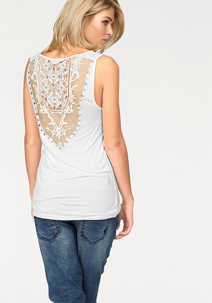 Laura Scott Damen Top Shirt Spitze Netz Häkel ärmellos Tanktop wollweiß 234804