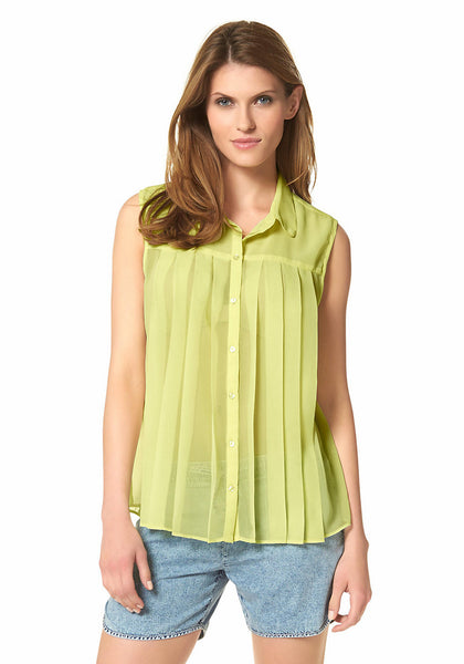 Aniston Bluse Knopfleiste Bubikragen Kellerfalte ärmellos Top Hemd grün 252045