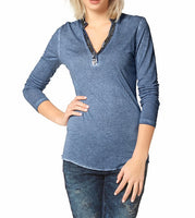 Laura Scott Damen Shirt langarm Pailletten Bluse Tunika blau Gr. 40 254686