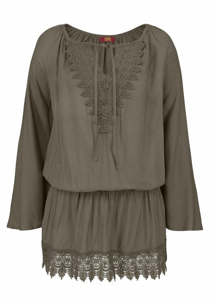 Buffalo Damen Longbluse Tunika Bluse Shirt Spitze langarm taupe Gr. 32 272186