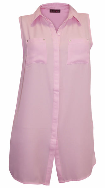Melrose Bluse ärmellos rosa pink Strassknöpfe 292357