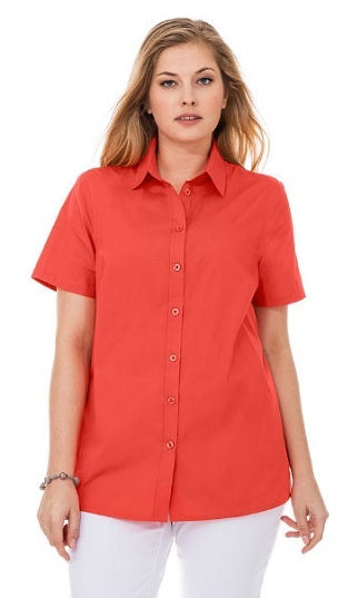 Sheego Damen Bluse kurzarm Hemd Shirt Knopfleiste korallrot 407990