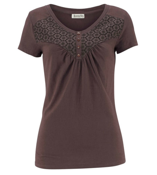 Chillytime Damen Shirt Spitze Kurzarm T-Shirt Bluse Tunika dunkelbraun 561653