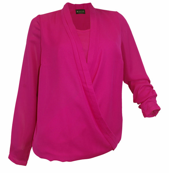 Laura Scott Damen Bluse Wickeloptik Shirt Tunika langarm fuchsia 577790