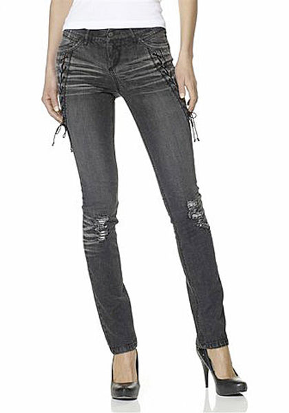 Laura Scott Jeans Röhre Hose Schnürung slim fit destroyed schwarz Gr. 32 730623