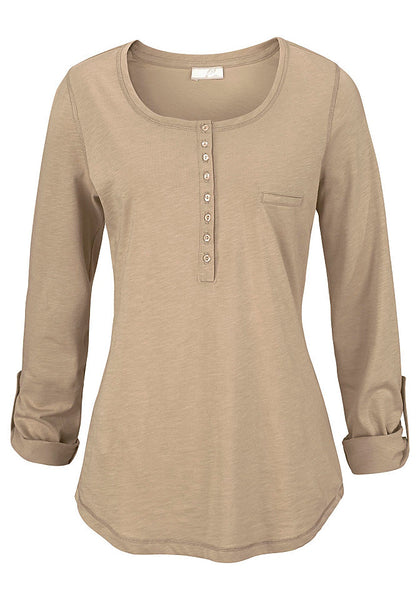 Cheer Damen Langarmshirt Shirt langarm Pullover Knopfleiste beige Gr. 36 759476