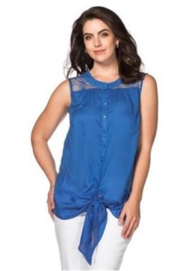 Sheego Damen Bluse mit Spitze Blusentop Top Shirt ärmellos Zipfel blau 825216