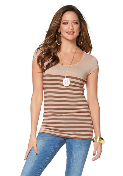 Melrose Damen T-Shirt Kurzarm Rundhalsausschnitt Streifen beige 837055