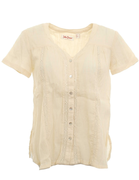 John Baner Bluse mit Spitze kurzarm Shirt Hemd Tunika elfenbein Gr. 34 909628