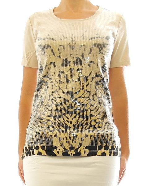 BPC Damen Shirt kurzarm Pailletten Print Tunika Bluse beige 922005