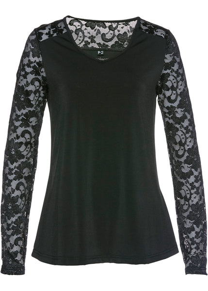 bpc Damen T-Shirt schwarz mit Spitze-Langarm 947265 gr. 36/38