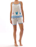Pyjama Schlafanzug Top Shirt Spaghettiträger Kurzarm kurze Shorts Motiv 2267