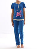 Damen Pyjama Schlafanzug Top Shirt Kurzarm lange Hose Motiv 220