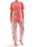 Damen Pyjama Schlafanzug Top Shirt Kurzarm lange Hose Motiv 6508