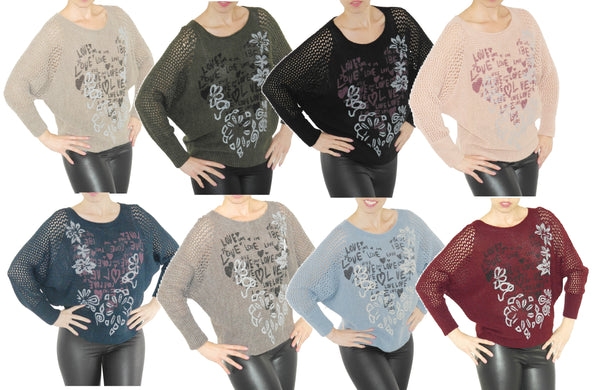 Pullover Strick Pulli Love-Blumen Fledermausärmel Top-Netz leicht Wolle