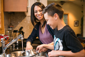 abgebildete Frau mit Kind beim Geschirrspülen, Kategorie für Haushalt 