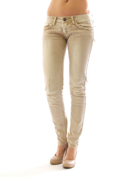 Damen Jeans Hose Hüftbund Risse Skinny HÜFT Röre lang beige SJ-853