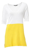 Ashley Brooke Damen Pullover kurzarm Feinstrick Shirt weiss gelb Gr. 34 032561
