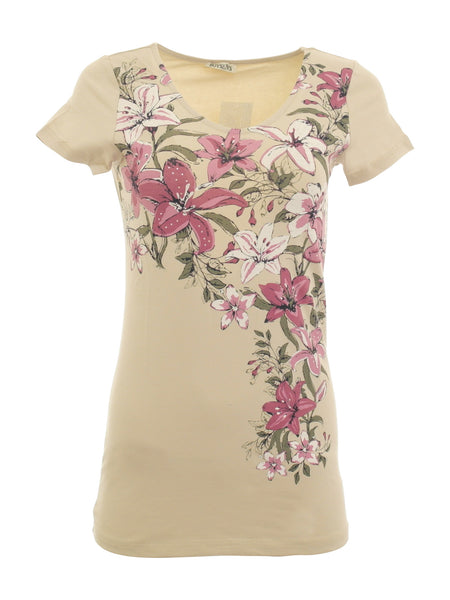 Boysens Damen T-Shirt Blumen kurzarm Shirt Bluse Tunika beige 121009