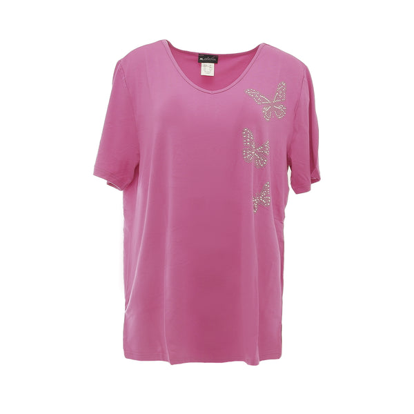 m. collection Damen T-Shirt pink mit Nieten Schmetterlinge 19026826 Gr. 46