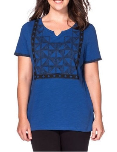 Sheego Damen T-Shirt Bordürendruck kurzarm Bluse Tunika blau Gr. 44/46 309278