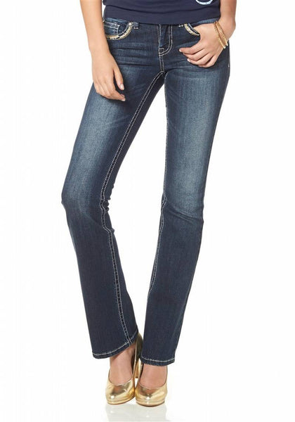 Arizona Jeanshose Hose Bootcut-Jeans Stretch Strass dunkelblau Gr. 17 350590