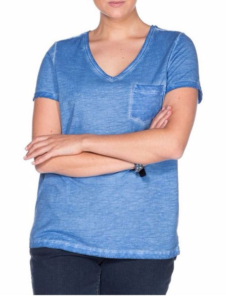 Sheego Damen T-Shirt Brusttasche kurzarm Shirt Bluse Tunika blau 386158