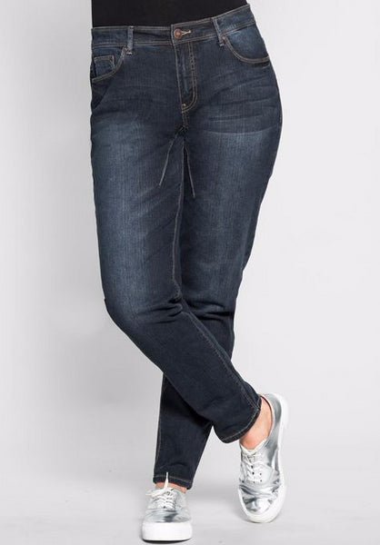 Sheego Damen Boyfriend Stretch-Jeans Hose dark blue denim Langgröße 96 417084