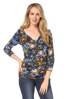 Cheer Damen Shirt 3/4 Arm Allover-Blumen-Print Bluse Tunika Stretch blau 430540