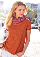 Damen Cheer Shirt bedruckt kurzarm T-Shirt Bluse Tunika Top orange 516055
