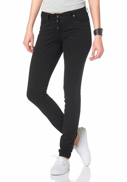 FLG Damen Hose Knopfleiste Jeans Chino Stretch schwarz Kurzgröße 612475