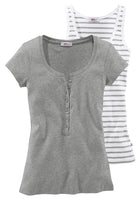 FLG Damen Shirt + Top 2-tlg. T-Shirt Bluse Knopfleiste Streifen Gr. 44 647515