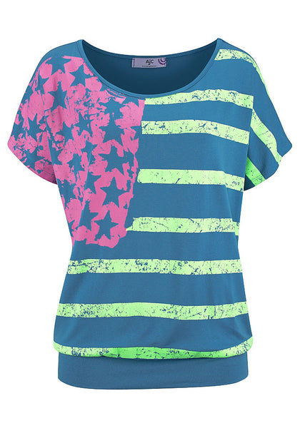 AJC Shirt Oversize Neon-Print Flagge kurzarm Bluse Tunika blau Gr. 40/42 777748
