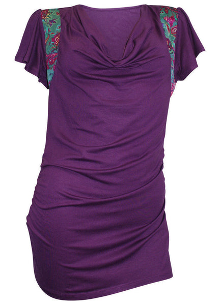 Wasserfall Longshirt Satineinsatz Raffung Shirt Tunika kurzarm purple 808590