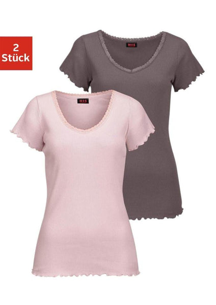 H.I.S Damen Shirt Doppelpack kurzarm Spitze Tunika Bluse pink braun 892845