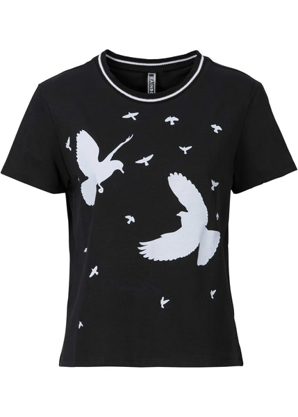 Rainbow Damen T-Shirt Shirt Kurzarm Tauben-Print Tunika Top schwarz 903284