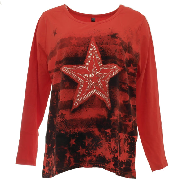 bpc selection Damen-Langarmshirt rot mit Sternemuster Gr. 48/50