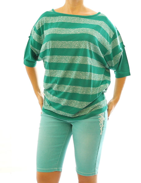 Rainbow Damen Boucle-Shirt kurzarm Streifen Tunika dunkelsmaragd 40/42 957049