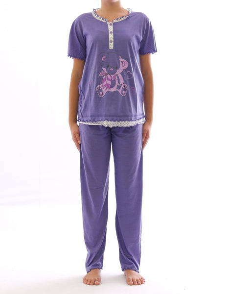 Damen Pyjama Schlafanzug Top Shirt Kurzarm lange Hose Motiv 220