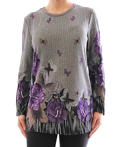 Damen Longshirt Pullover Shirt Langarm Tunika Bluse Blumen E003